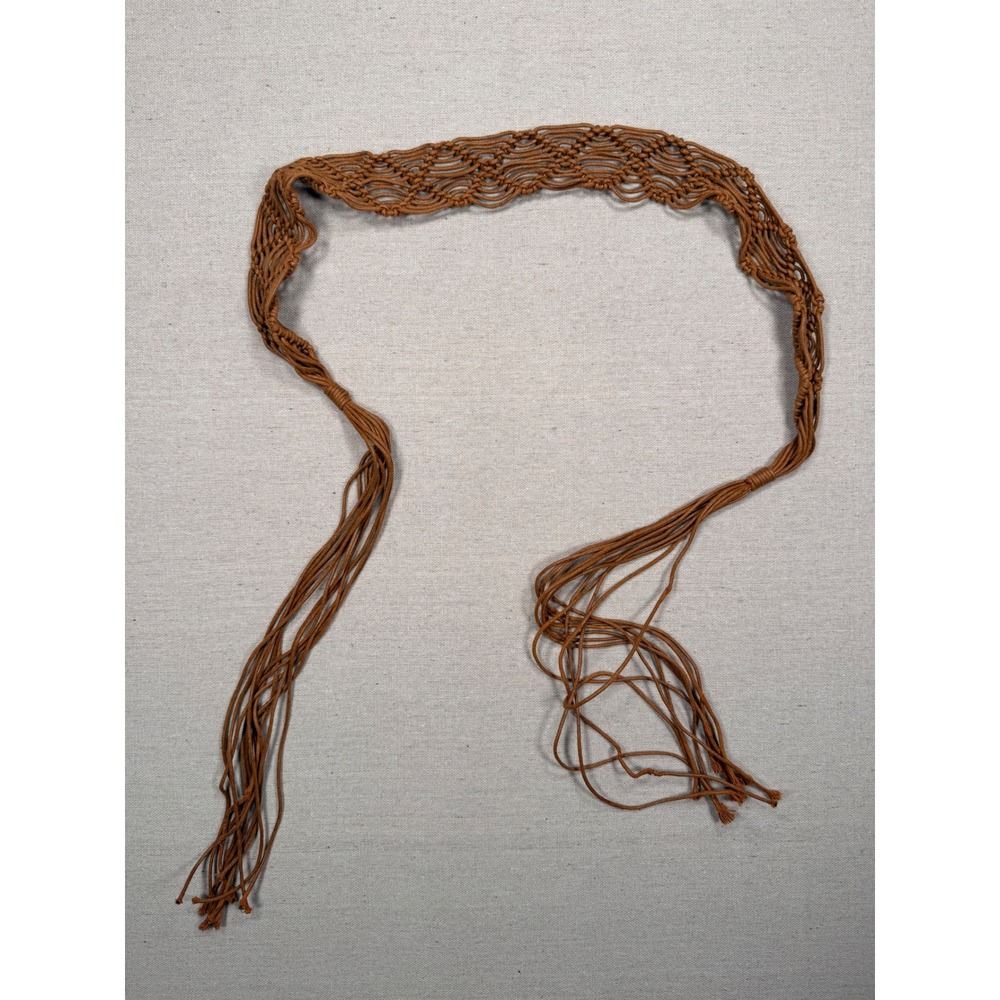 Vintage Boho Macrame Woven Fringe Tie Belt Cognac Brown One Size